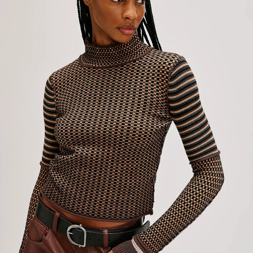 Free People Gamer Cuff Turtleneck Sweater Black Combo Women's Size L